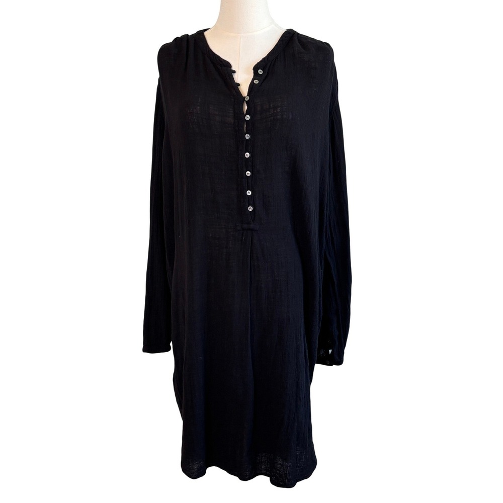 Xirena Gauze Tunic Dress Black Womens Medium Henley Long Sleeve Pockets